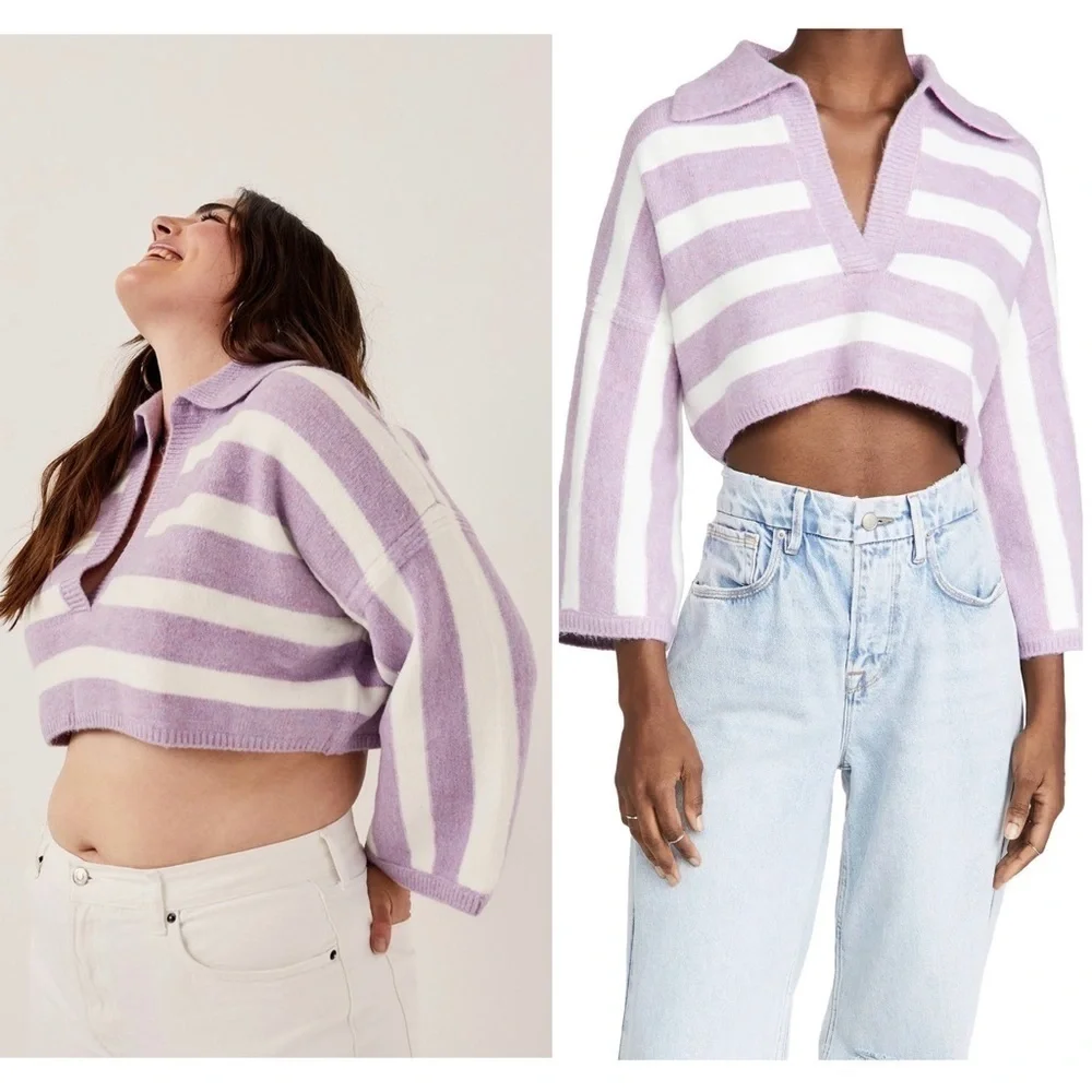 NWT LOVE LEMONS 90s Lavender Stripe V-Neck Oversized Soft Knit Cropped Sweater L